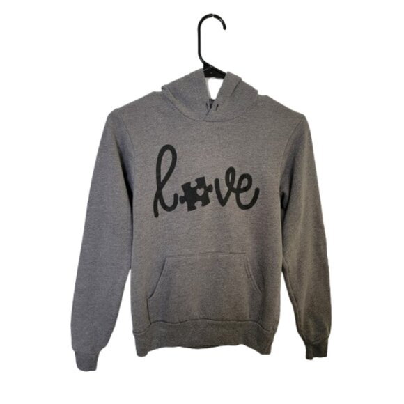 Love Puzzle Piece Graphic Hoodie Sweatshirt  Gray Black Girls Small 7-8 - Picture 10 of 12